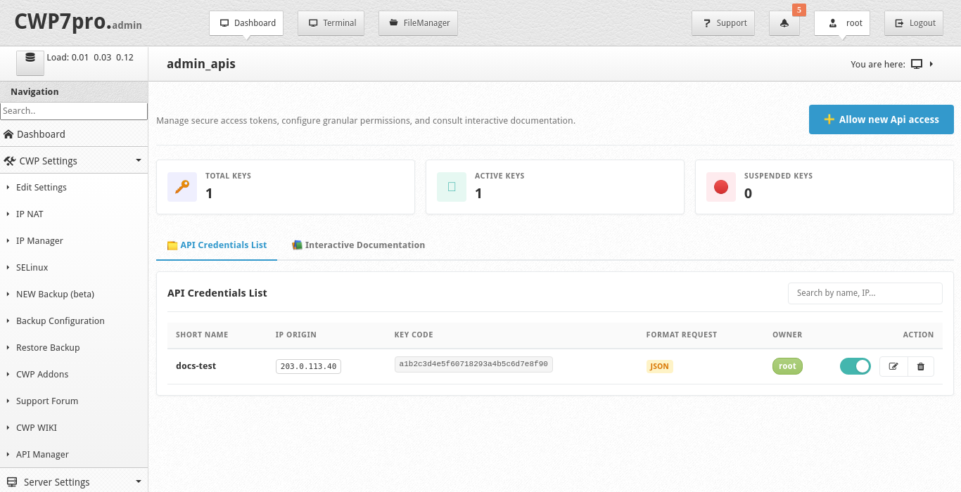API Manager in the CWP admin panel