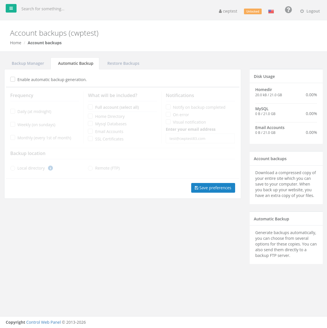 Automatic Backup settings