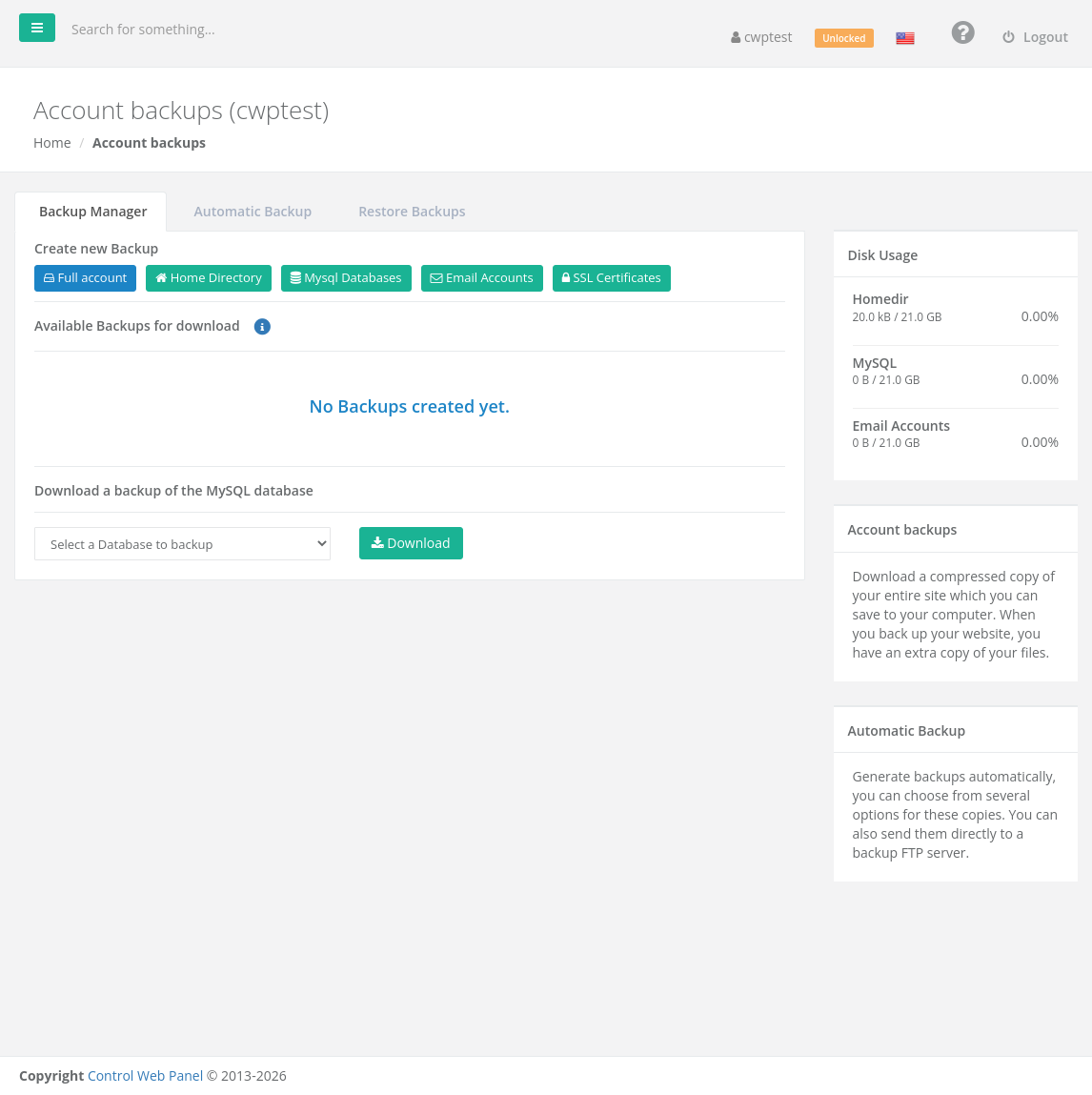Account backups page