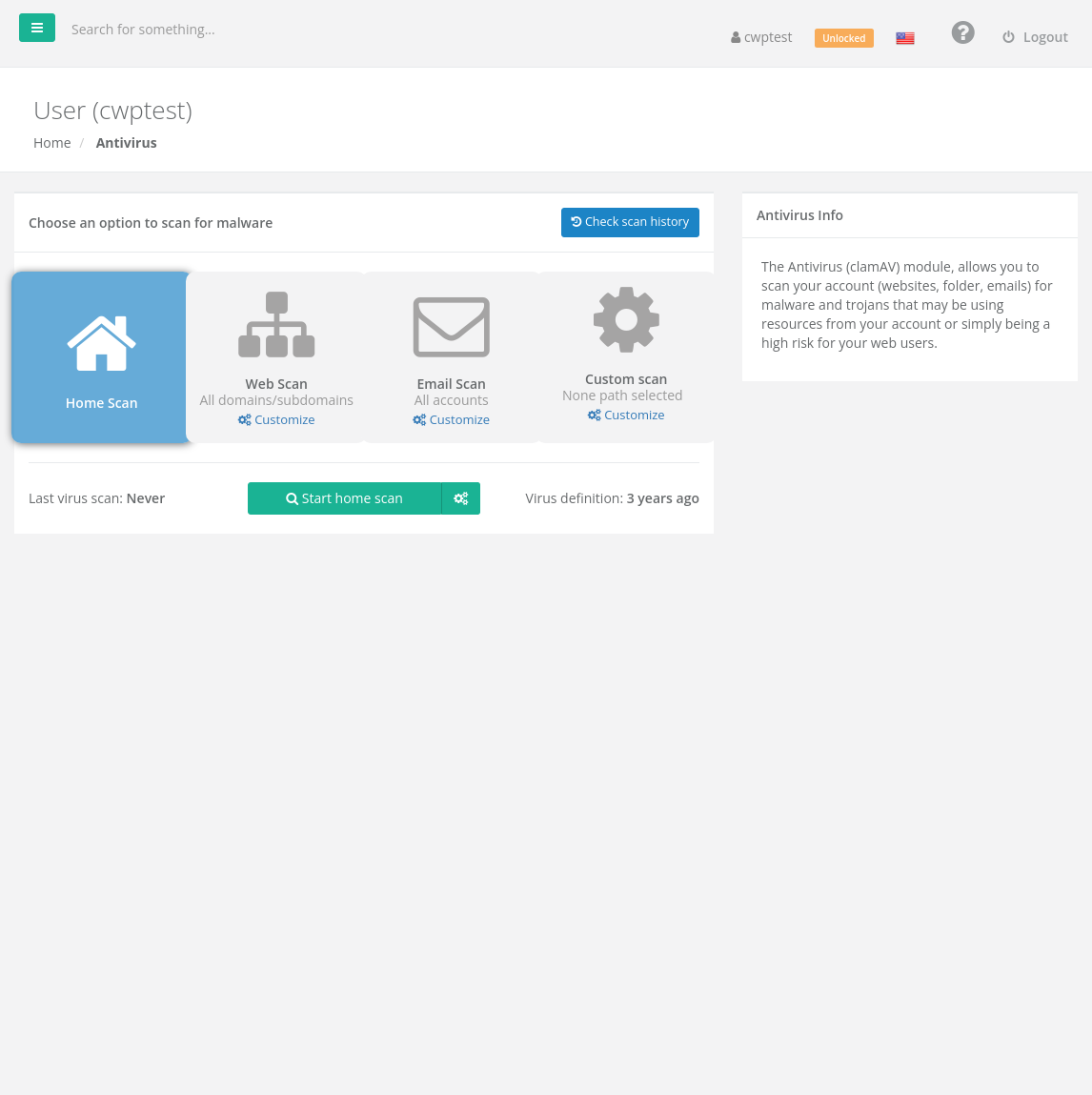Antivirus Scan page