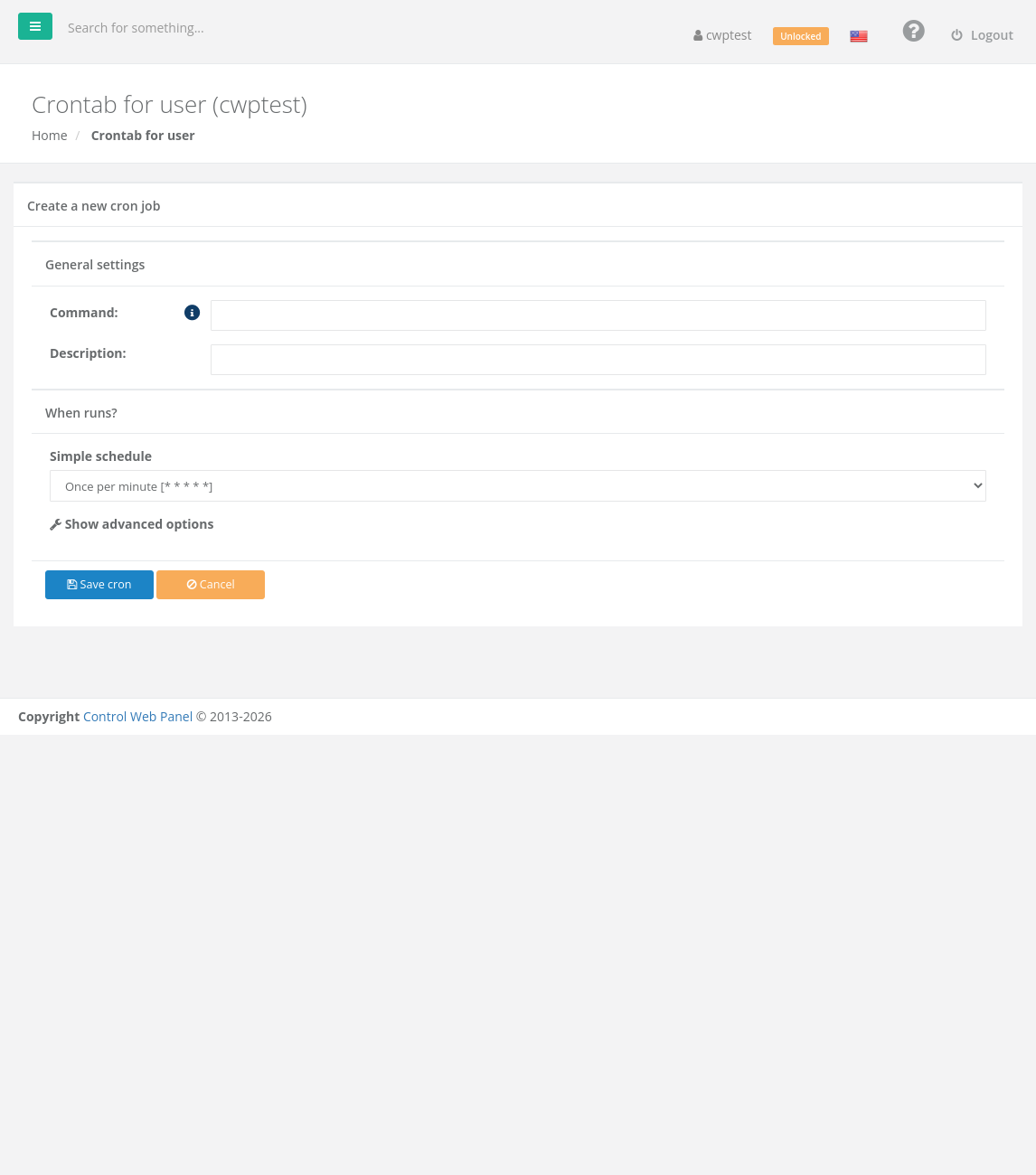Create a new cron job form