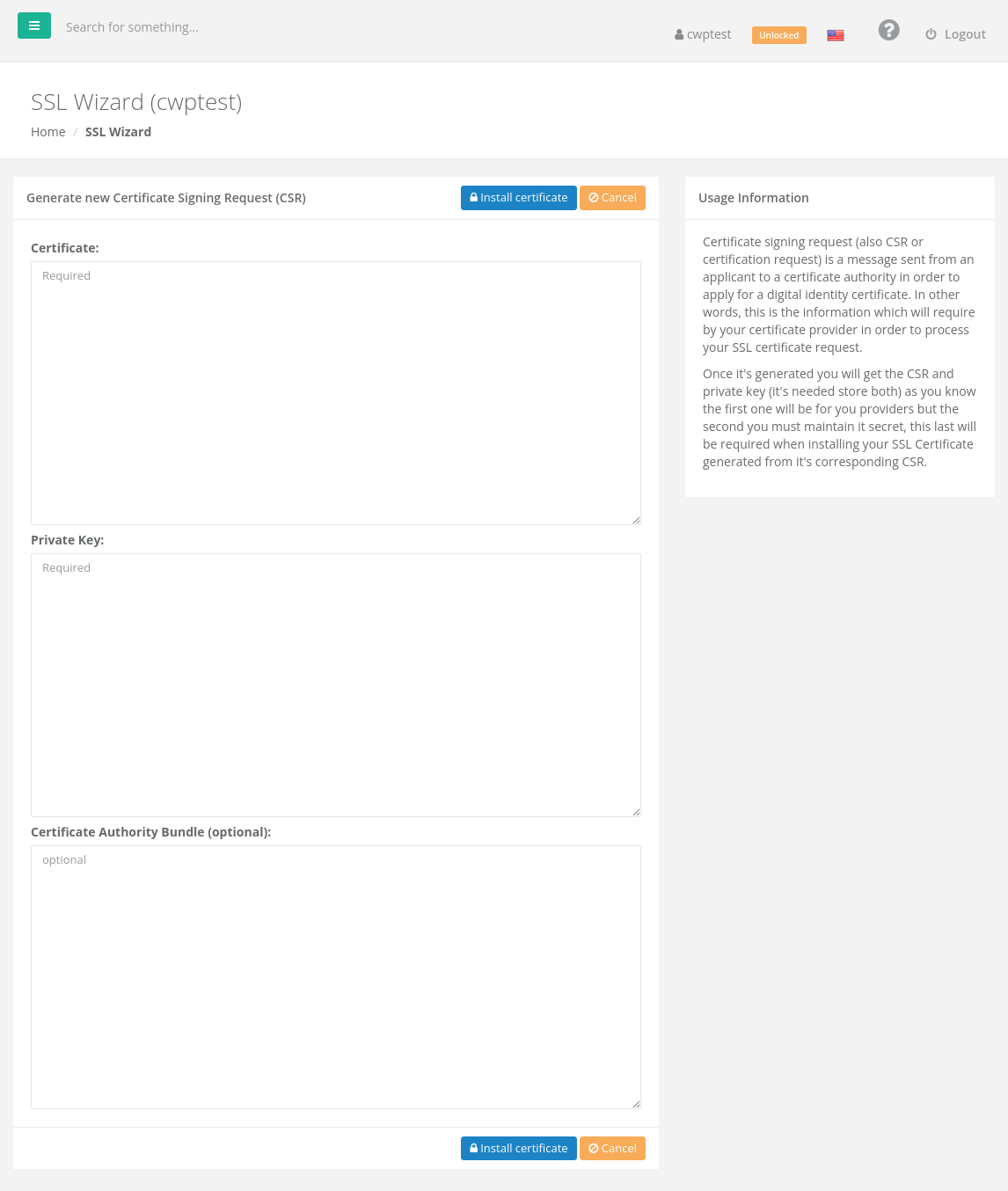 Install certificate form