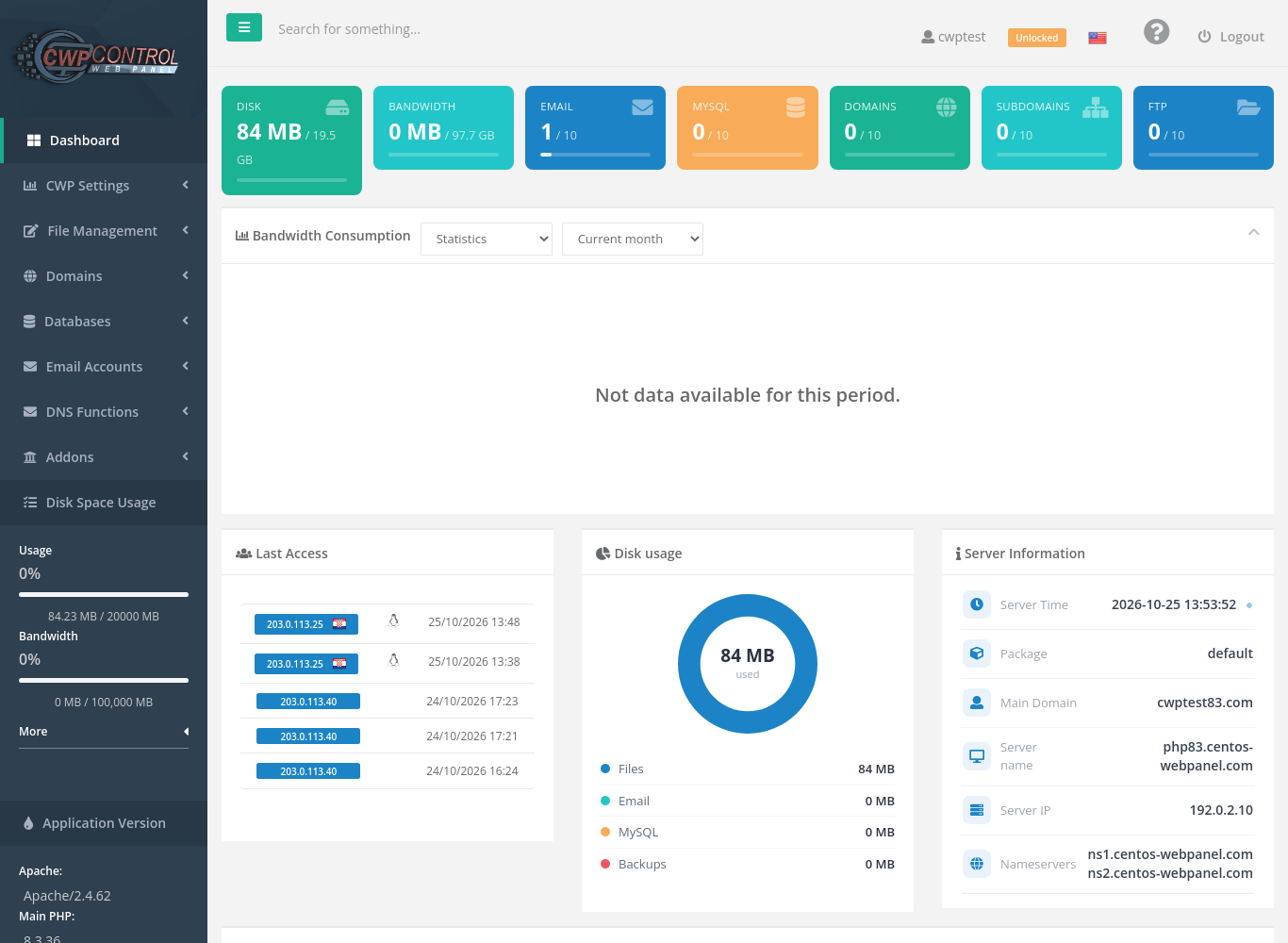 CWP user panel dashboard