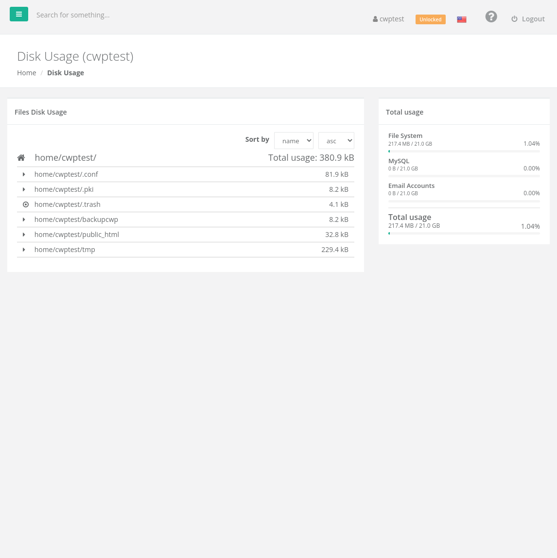 Disk Usage page