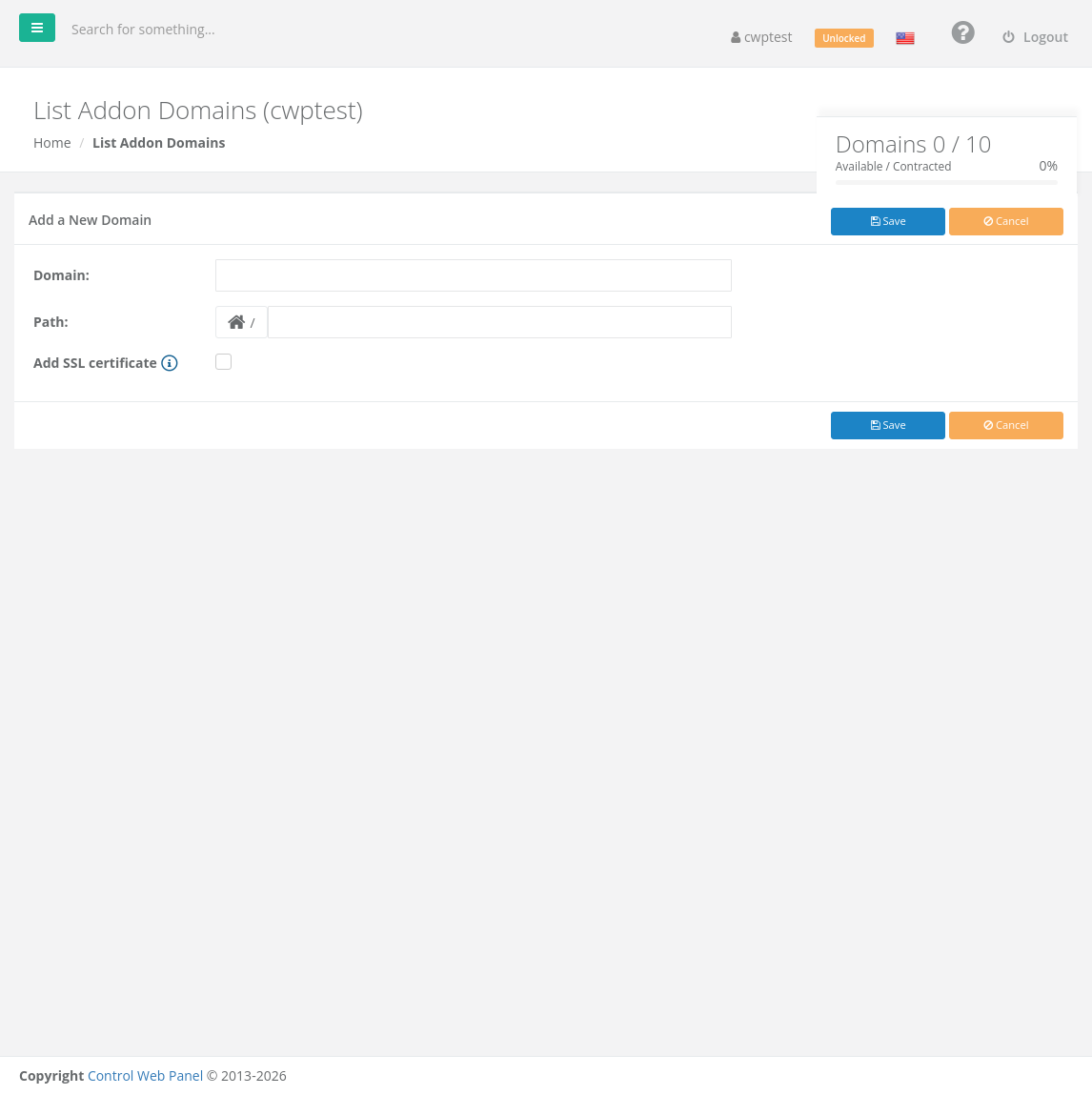 Add a New Domain form