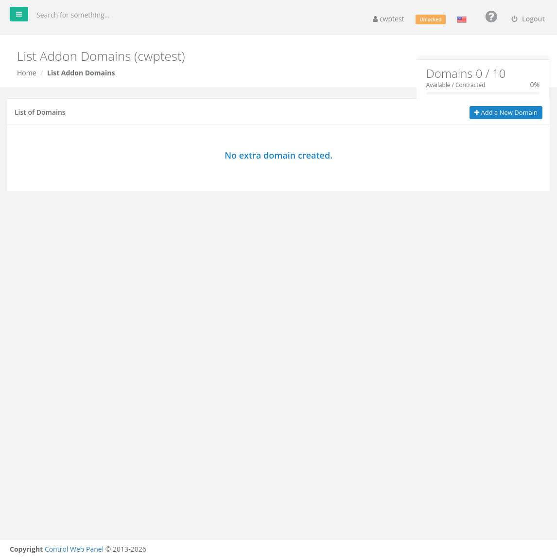 List Addon Domains page