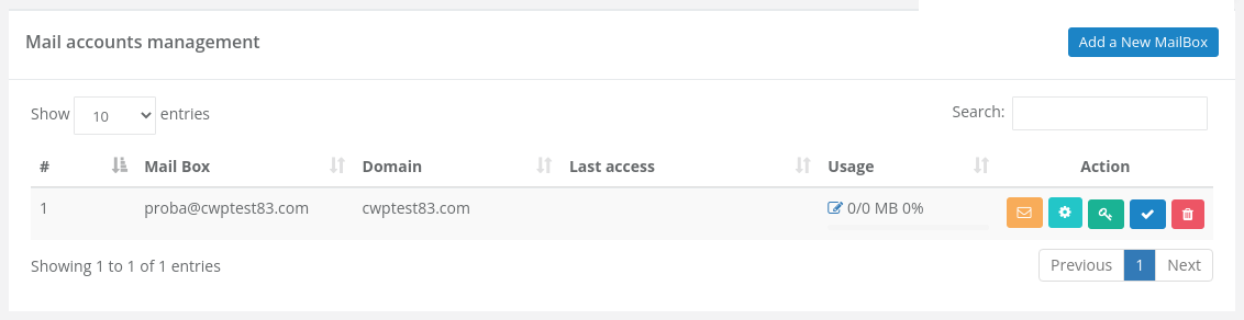 List of mailboxes with usage and action buttons