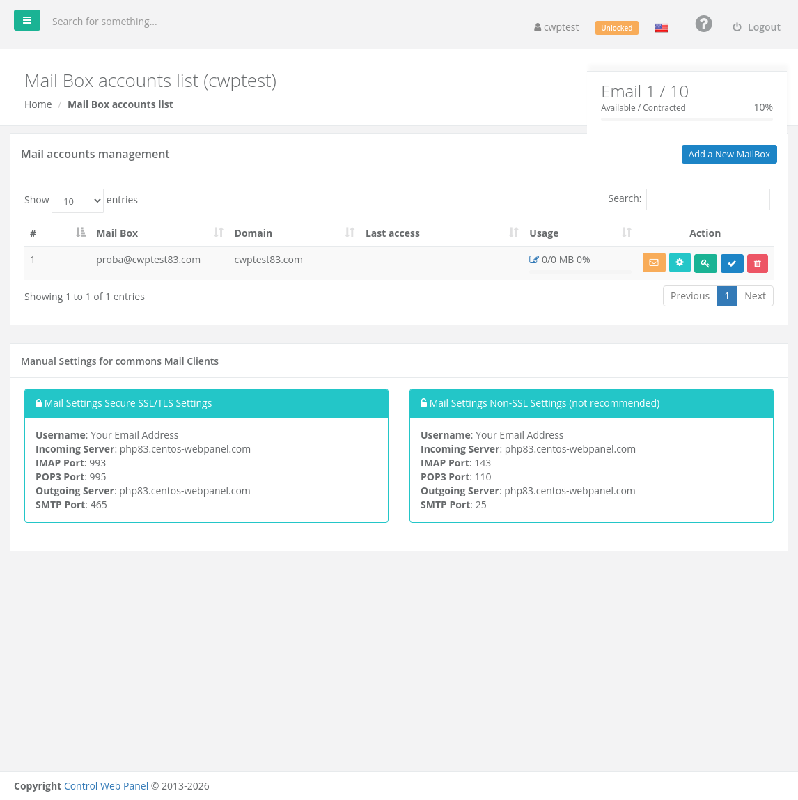 Email Accounts page in the CWP user panel