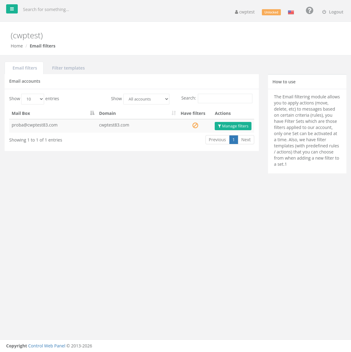 Email filters page