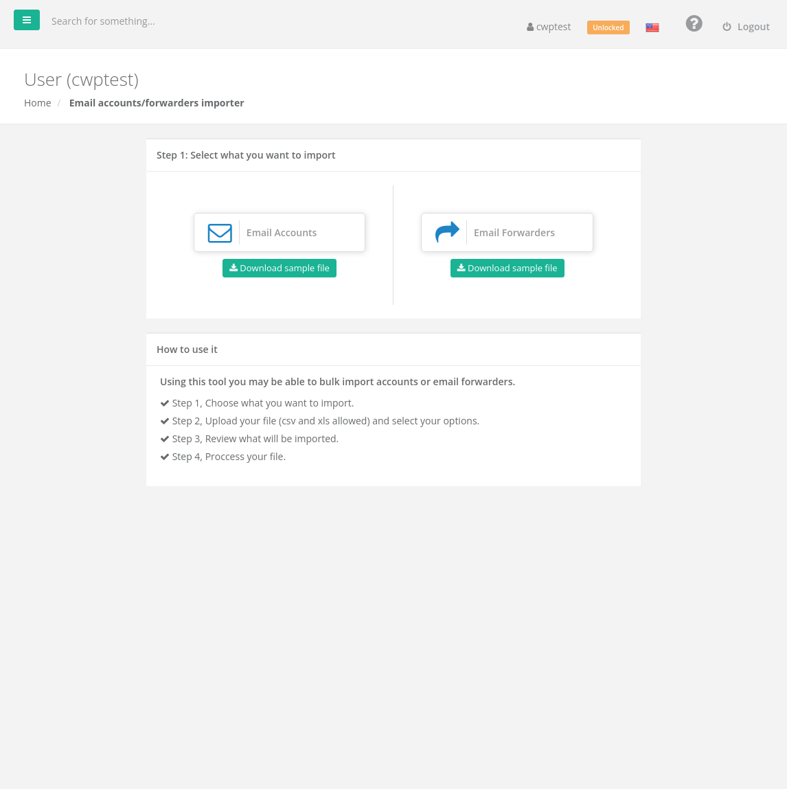 Email accounts/forwarders importer