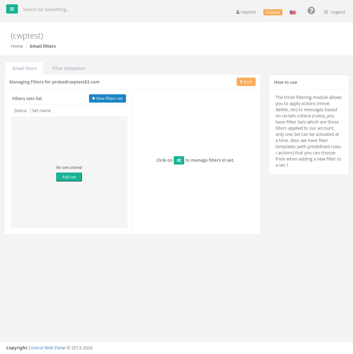 Managing filter sets for a mailbox