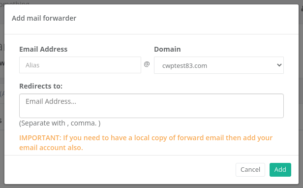 Add mail forwarder window