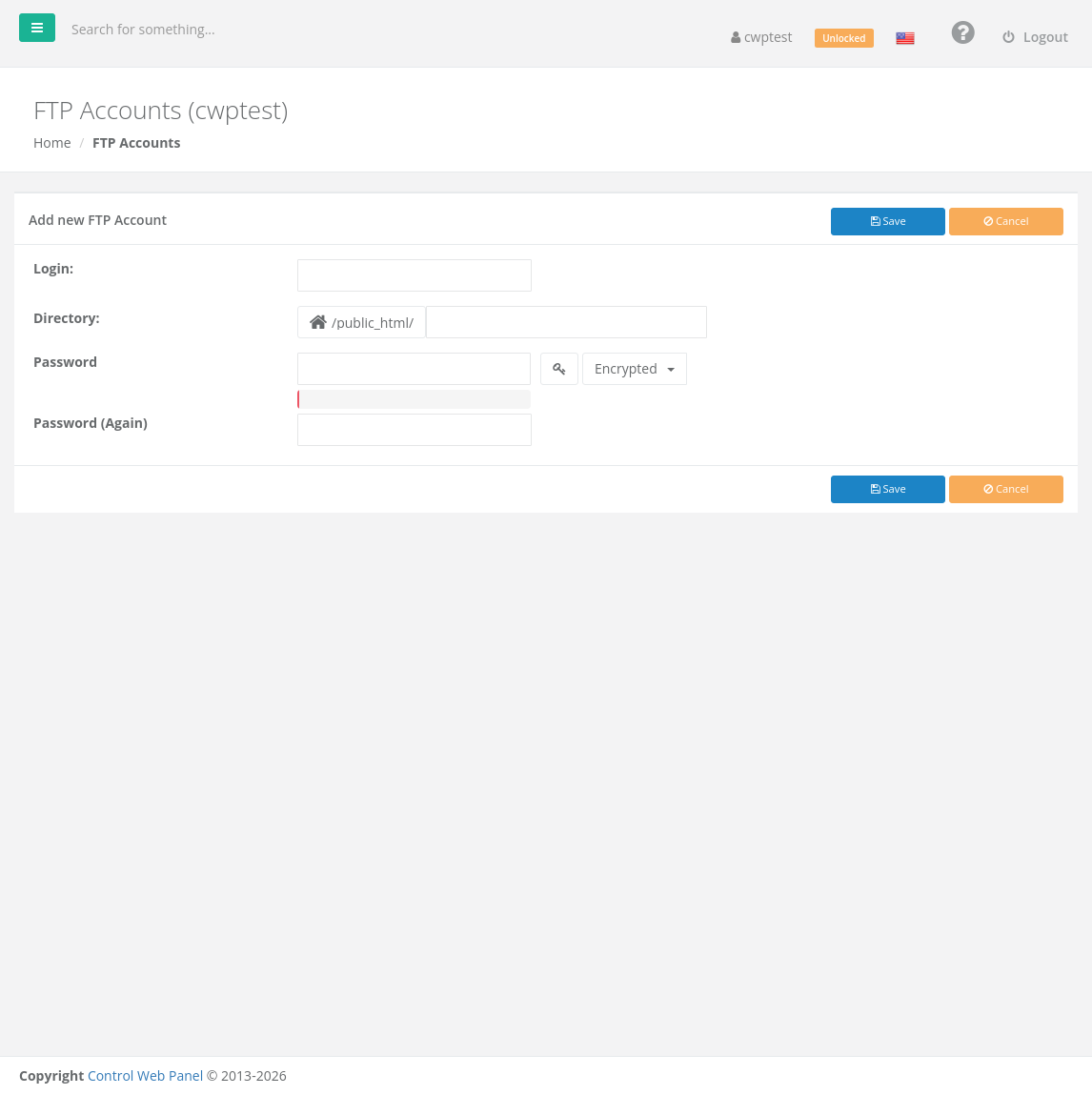 Add new FTP Account form