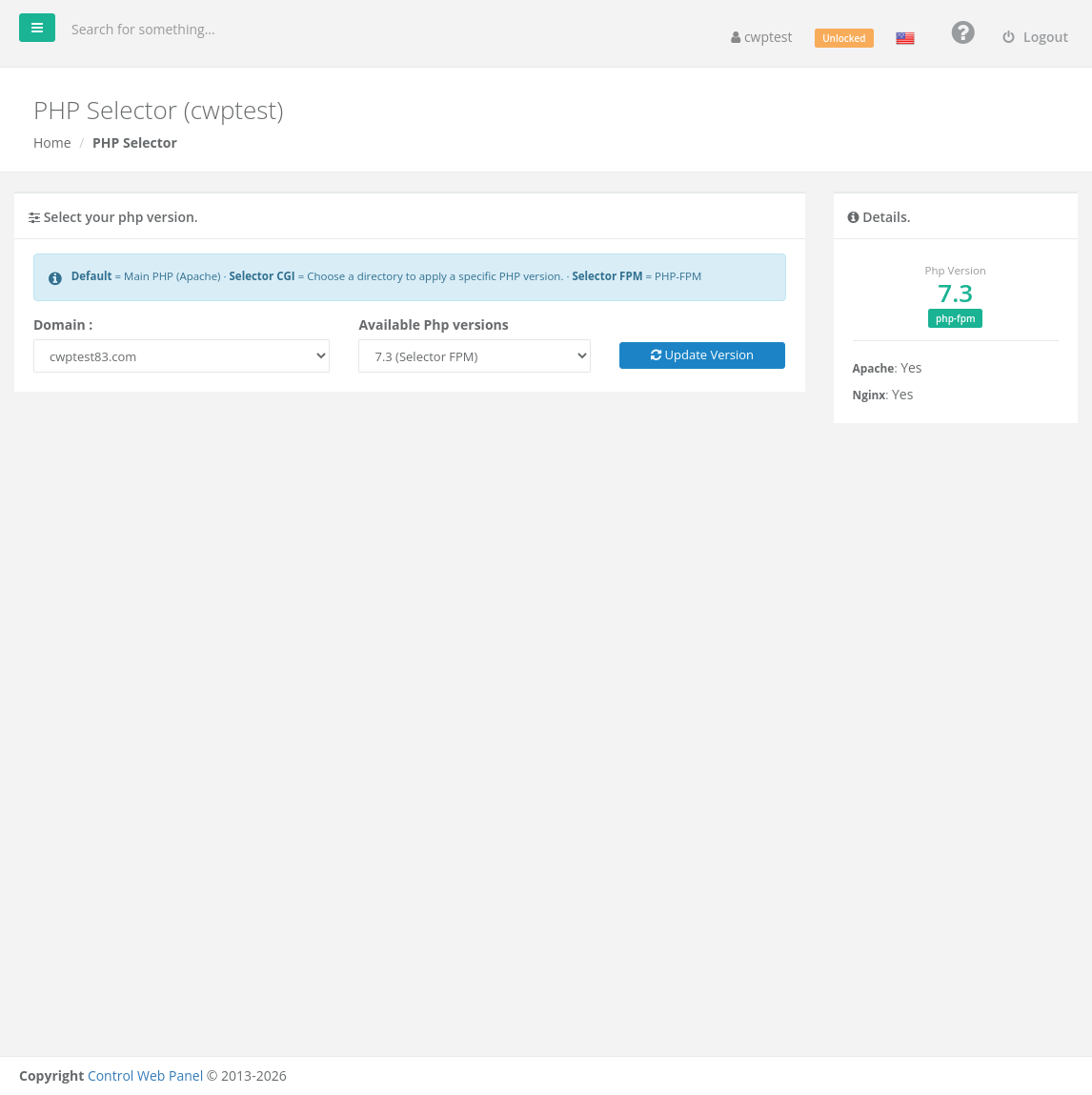 PHP version selected for a domain