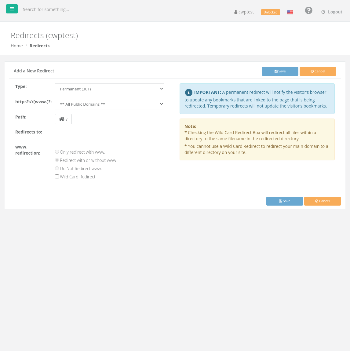 Add a New Redirect form