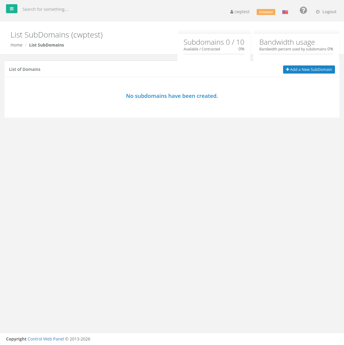 List SubDomains page