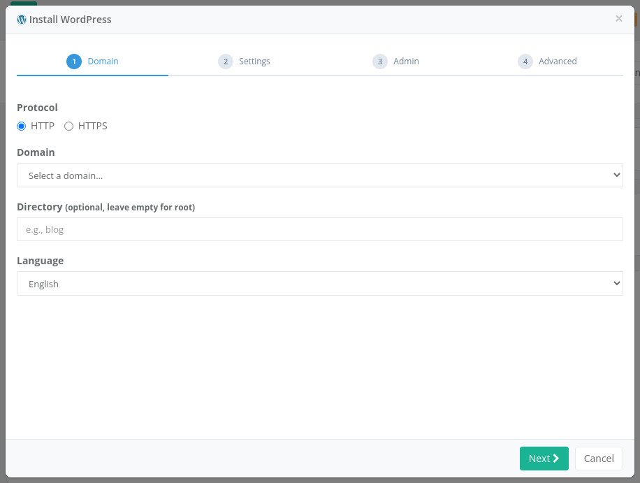 Install WordPress wizard
